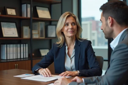 Conseillère financière et client examinant un contrat de prêt privé dans un bureau professionnel