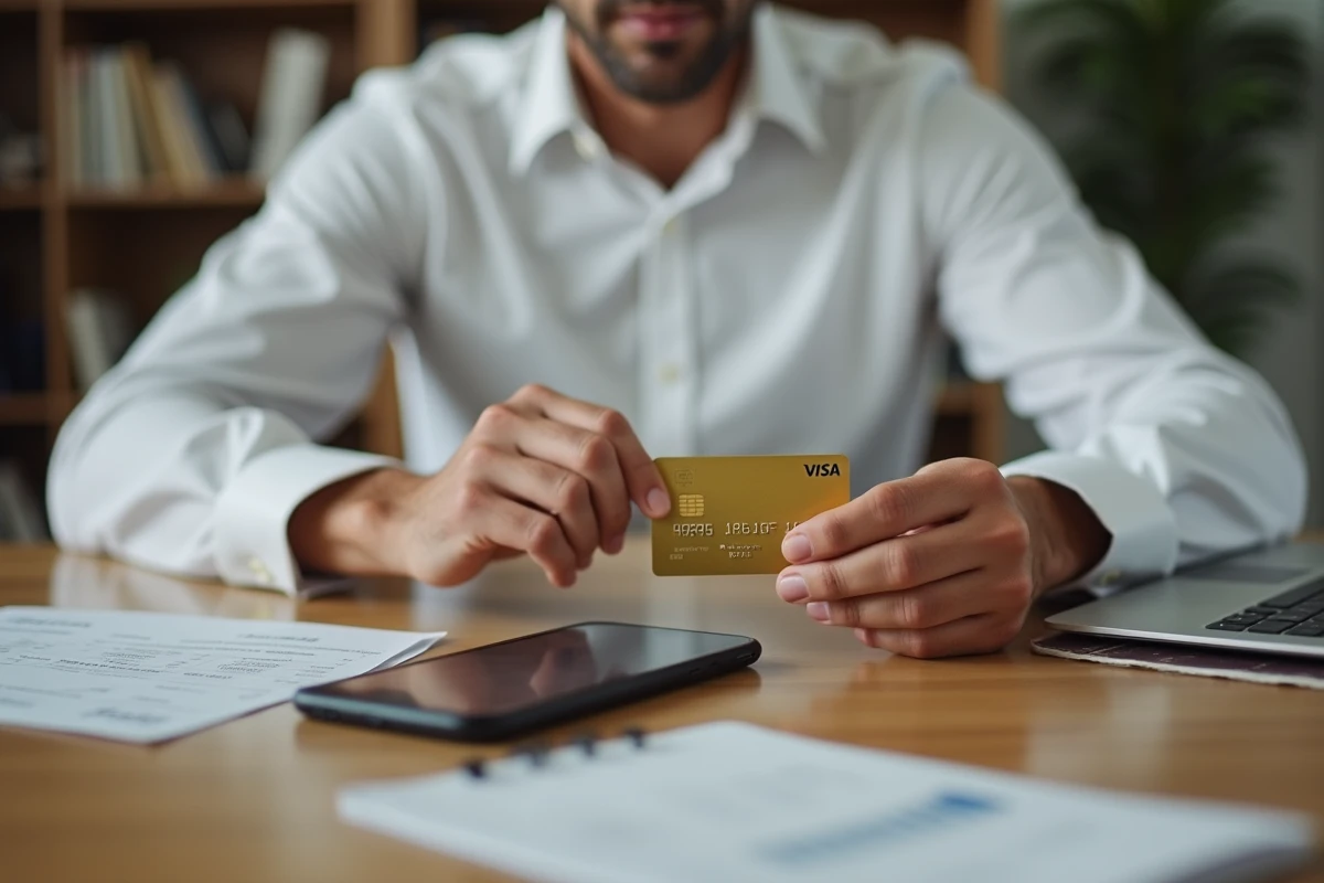 Carte Visa Gold posée sur un bureau avec relevé bancaire et smartphone, représentant les frais et conditions d'une carte Visa Gold