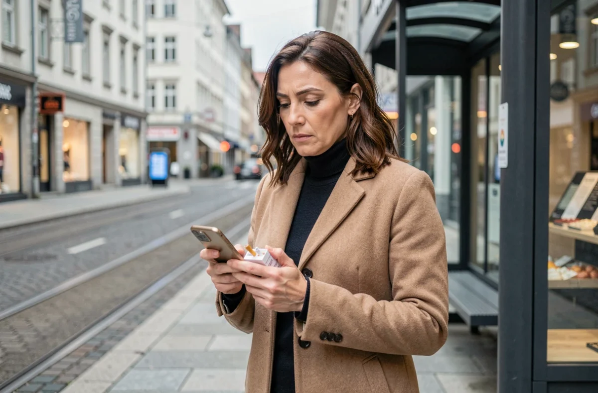 Femme consultant son téléphone après l'achat d'un paquet de cigarettes devant un kiosque dans une ville suisse