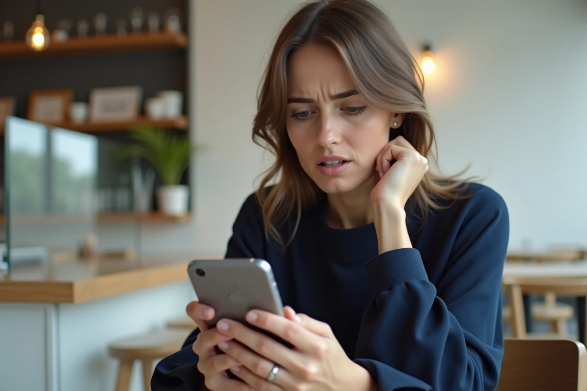Femme perplexe consultant son application Coinbase sur smartphone dans un café