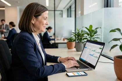 Professionnelle utilisant un tableau de bord bancaire en ligne pour gérer ses encaissements à distance depuis son bureau