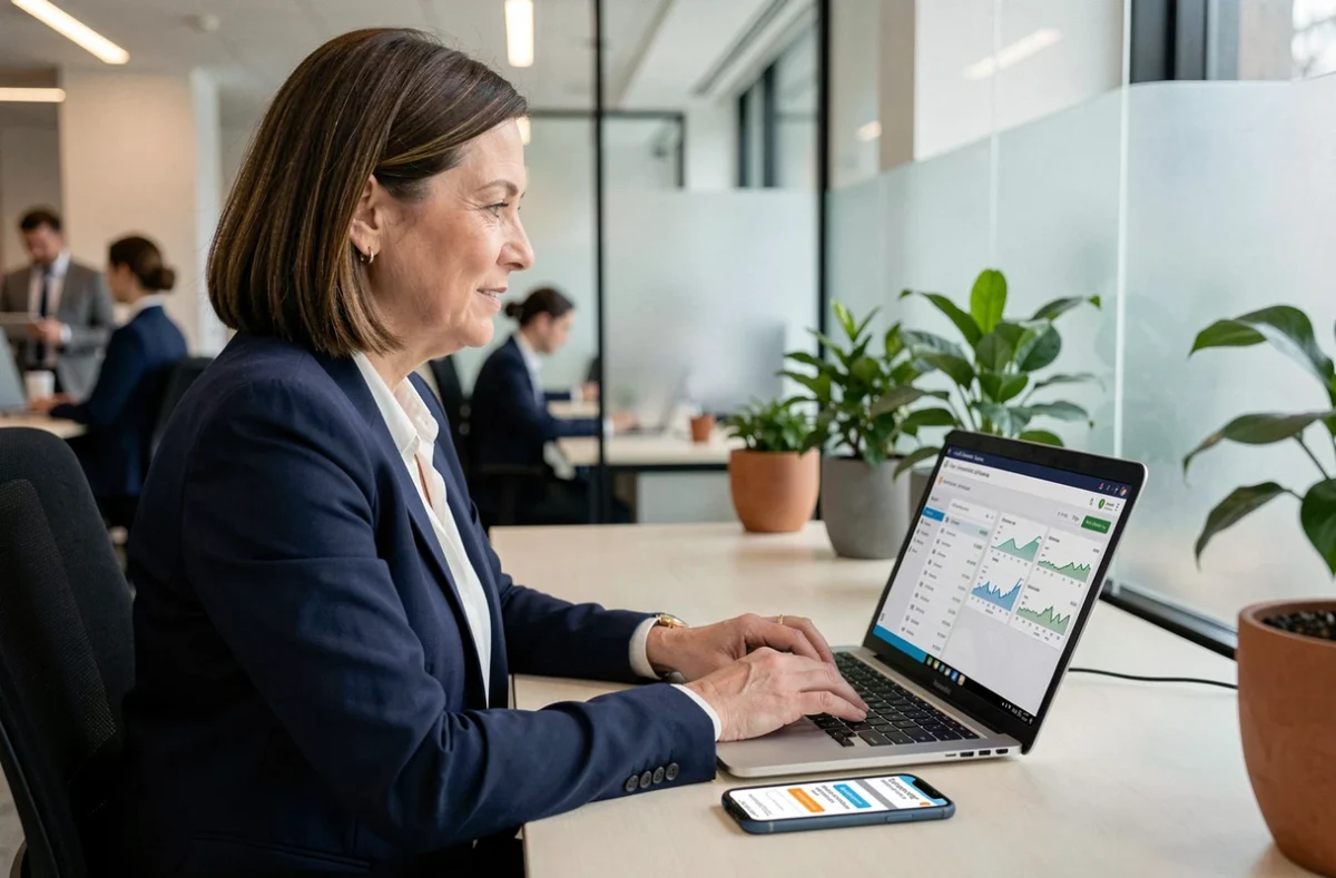 Professionnelle utilisant un tableau de bord bancaire en ligne pour gérer ses encaissements à distance depuis son bureau