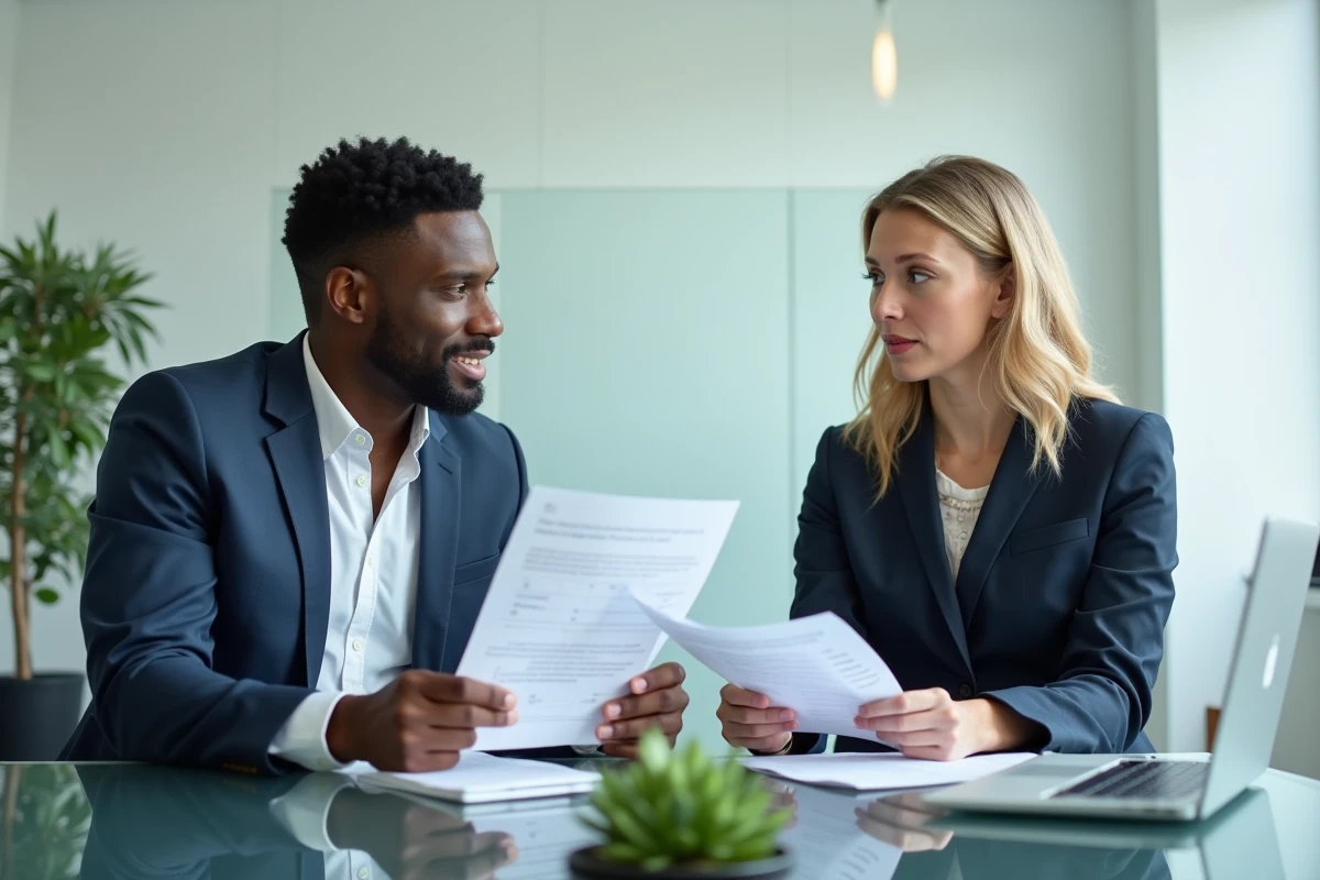 Deux professionnels comparant la finance traditionnelle et la DeFi autour d'une table de réunion