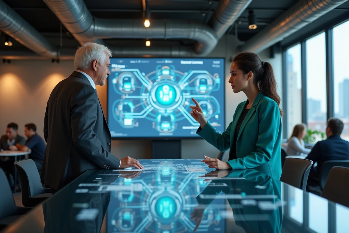 Deux professionnels examinant un diagramme d'écosystème Web3 et DeFi sur un écran tactile dans un espace de co-working technologique