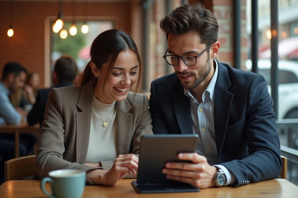 Deux professionnels discutant d'une transaction en monnaie numérique sur une tablette dans un café urbain