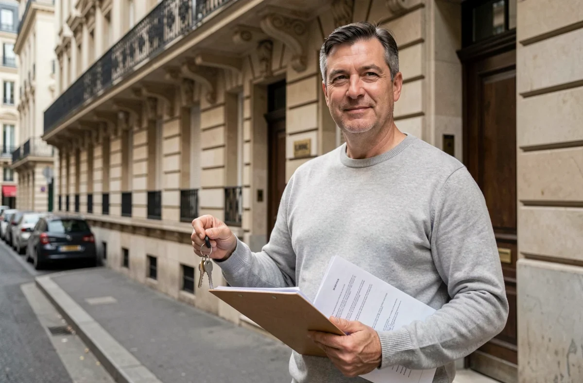Propriétaire devant un immeuble résidentiel tenant des clés et des documents d'assurance loyer