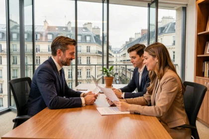 Un conseiller financier et un couple examinent des documents de rachat de crédit dans un bureau moderne avec vue sur Paris en Île-de-France