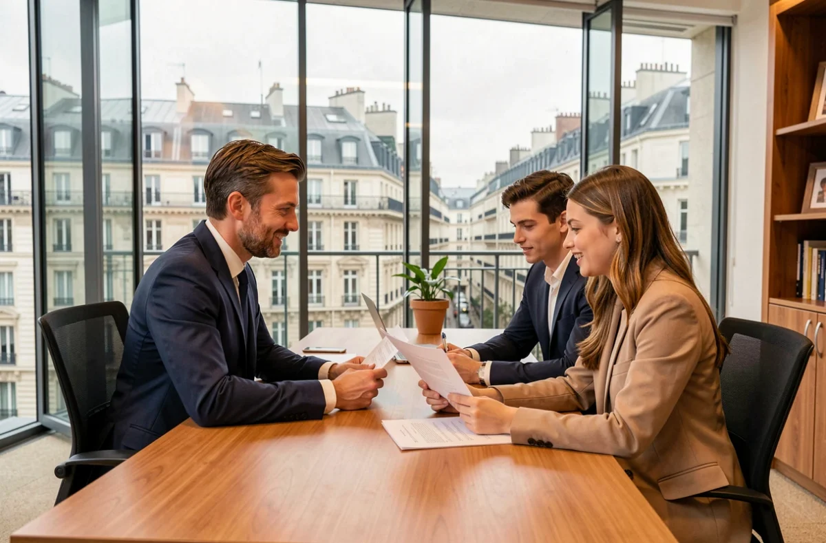 Un conseiller financier et un couple examinent des documents de rachat de crédit dans un bureau moderne avec vue sur Paris en Île-de-France
