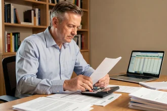 Un homme de 45 ans examine des documents financiers liés au rachat de rente accident du travail à son bureau à domicile