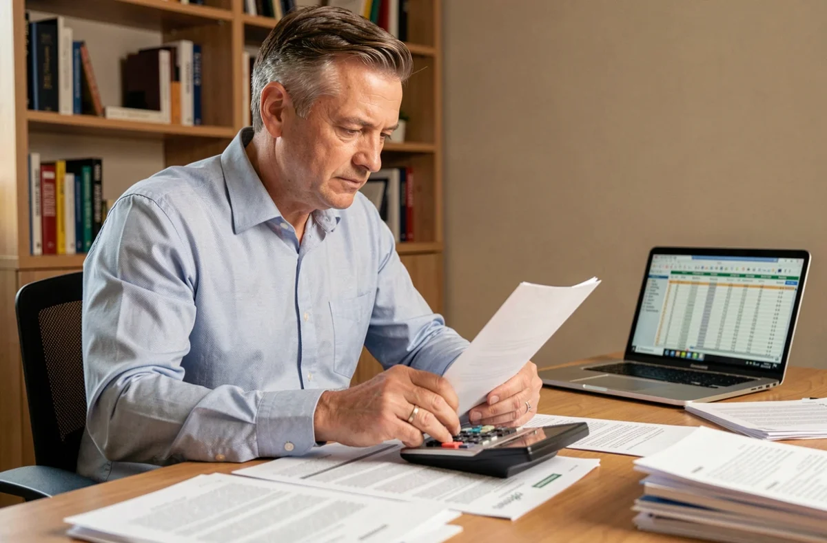Un homme de 45 ans examine des documents financiers liés au rachat de rente accident du travail à son bureau à domicile