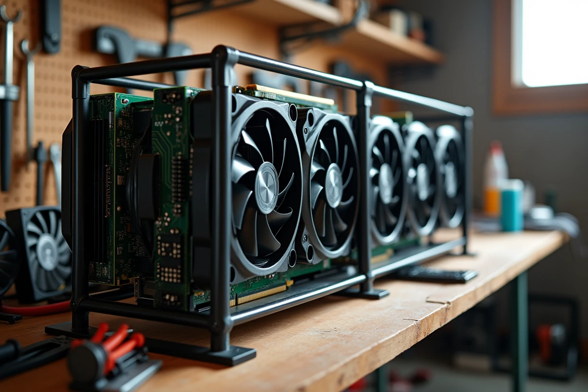 Gros plan sur un rack de cartes graphiques GPU dans un atelier domestique, représentant le minage de cryptomonnaies à petite échelle et sa consommation électrique