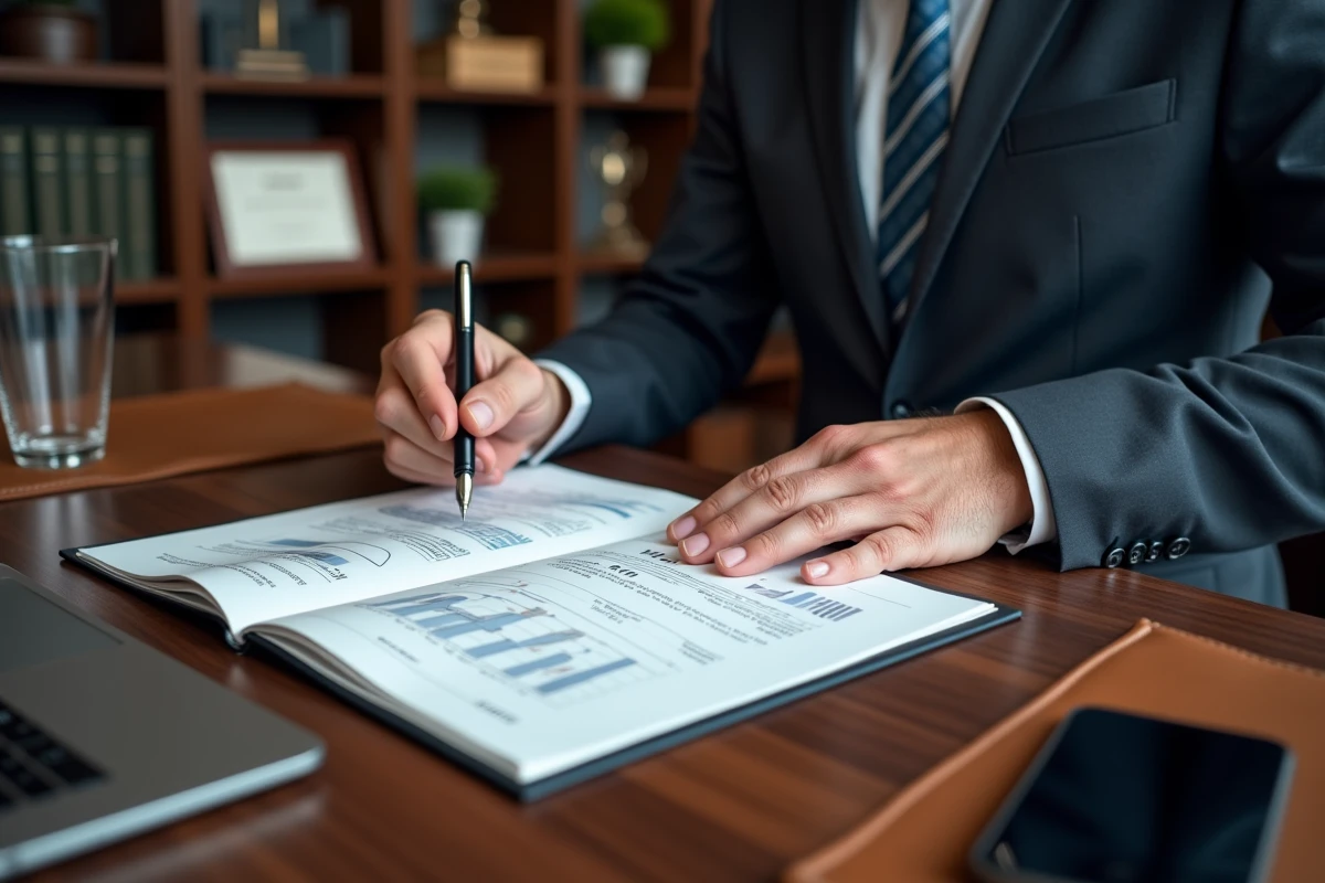 Gros plan de mains d'un dirigeant annotant un rapport financier avec calculs d'EBITDA et graphiques de marges bénéficiaires