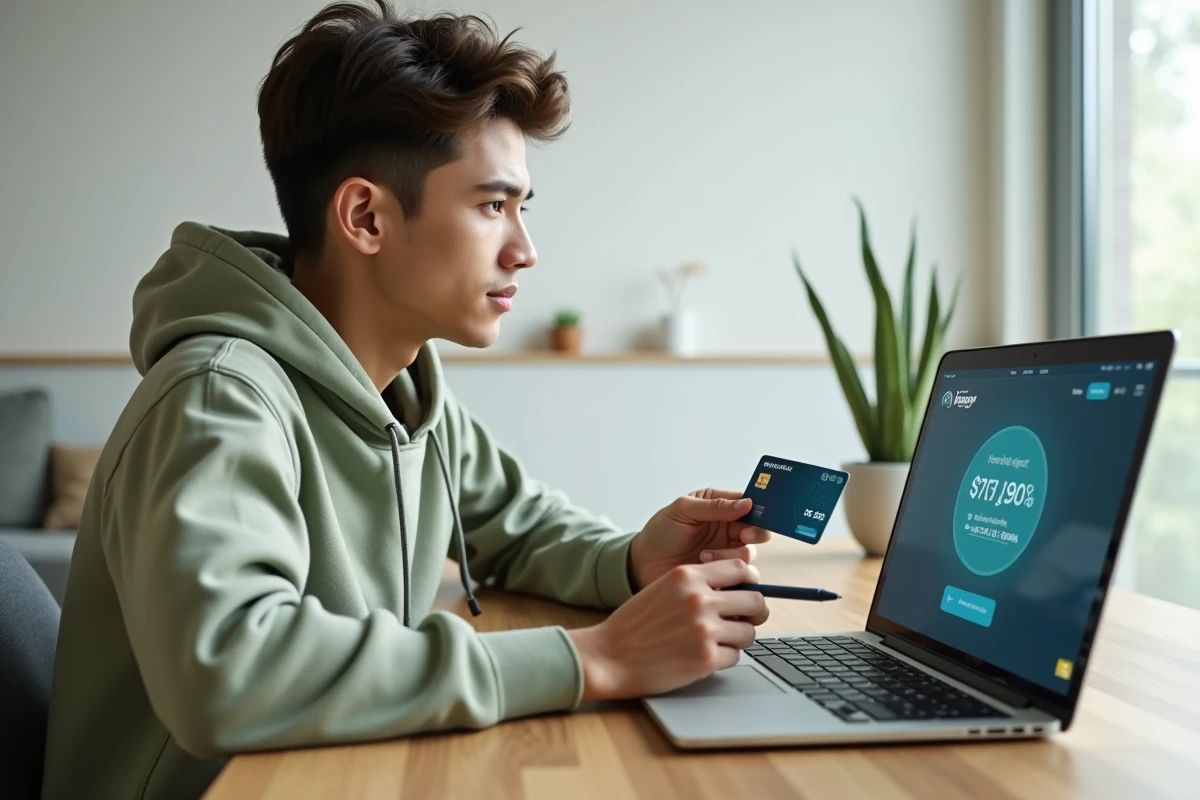 Jeune adulte rechargeant une carte prépayée en ligne depuis un ordinateur portable