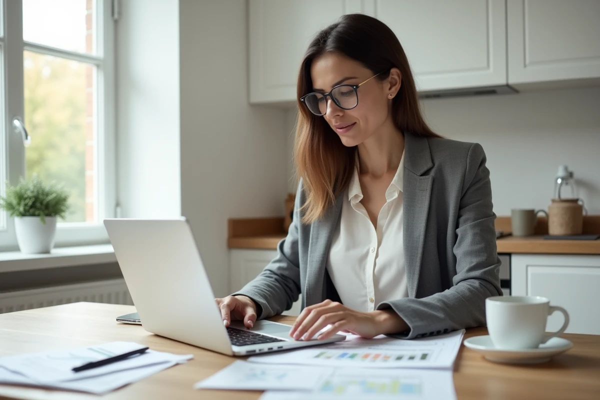 Femme recherchant un prêteur privé en ligne depuis son domicile avec des documents de prêt