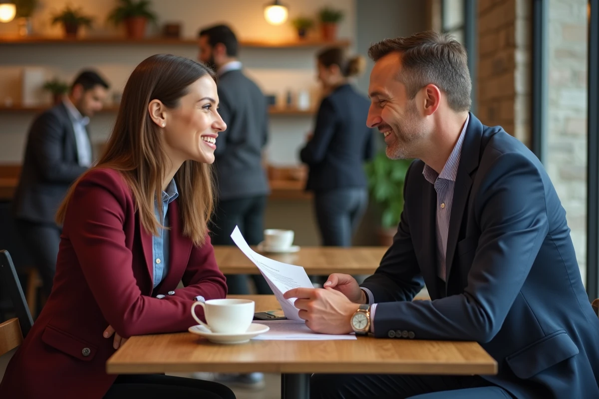 Une conseillère clientèle échangeant chaleureusement avec un client fidèle autour d'une proposition de programme de fidélisation
