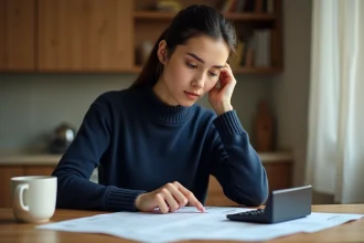 Femme étudiant des documents de prêt immobilier avec une calculatrice sur une table en bois, illustrant le remboursement anticipé d'un crédit