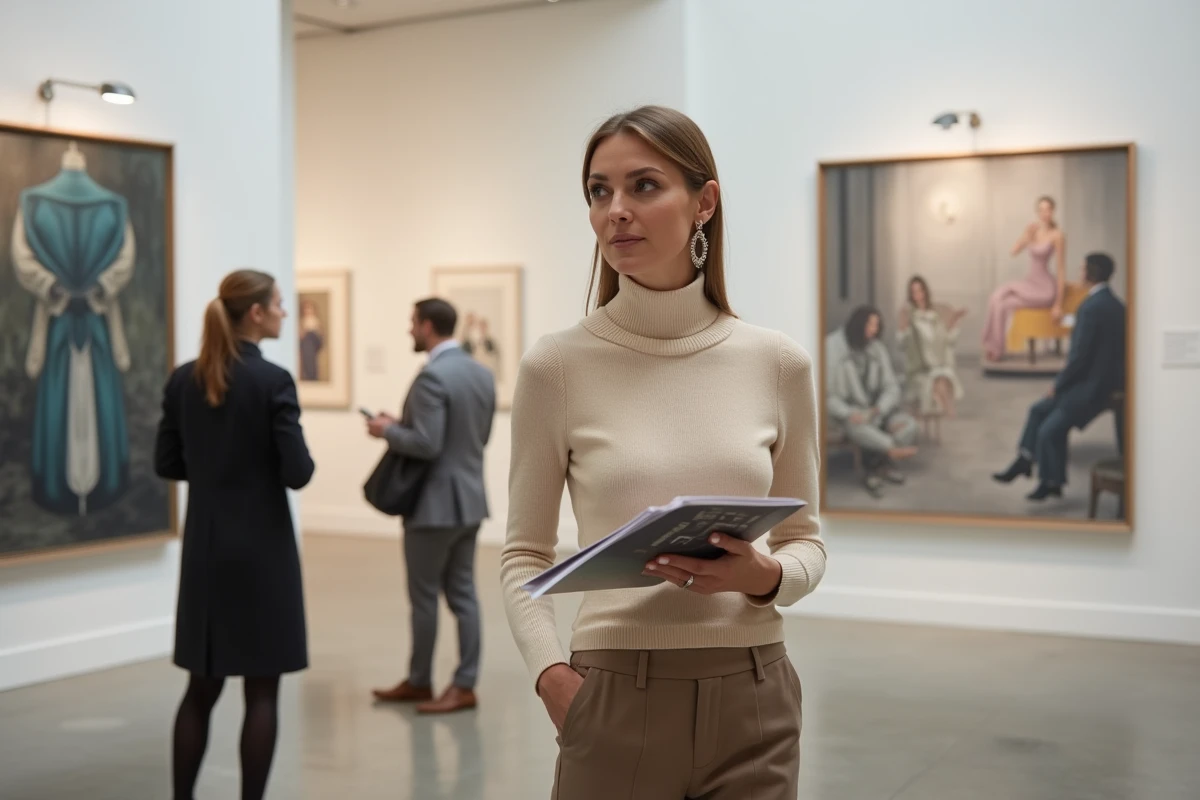 Femme élégante en pull cachemire crème explorant une galerie d'art haut de gamme lors d'un vernissage privé