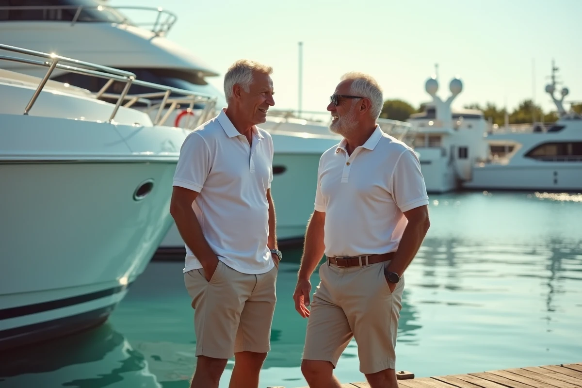 Deux hommes en tenue décontractée discutant au bord d'un yacht de luxe dans une marina privée