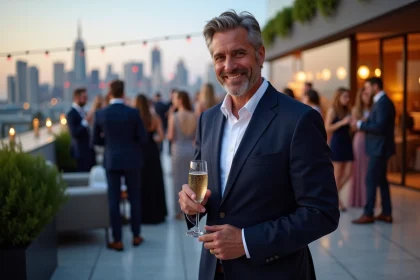 Homme élégant en blazer marine tenant une coupe de champagne lors d'une soirée cocktail sur un rooftop de luxe en ville