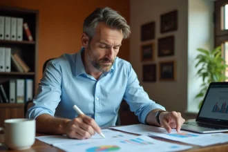 Homme consultant des documents de prêt immobilier pour renégocier son crédit à son bureau