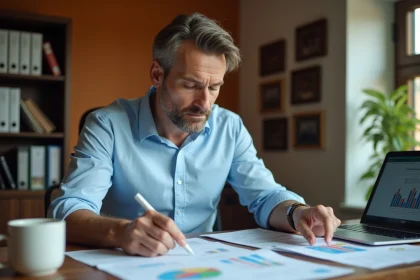 Homme consultant des documents de prêt immobilier pour renégocier son crédit à son bureau