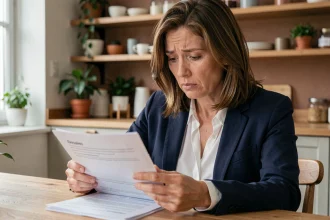 Femme consultant des documents d'assurance après un sinistre pour résilier son contrat Direct Assurance