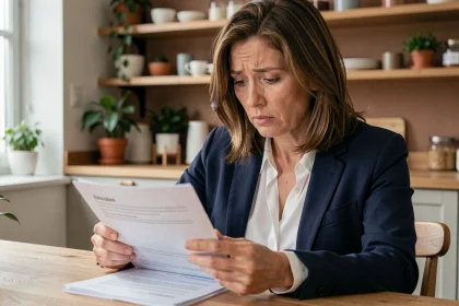 Femme consultant des documents d'assurance après un sinistre pour résilier son contrat Direct Assurance