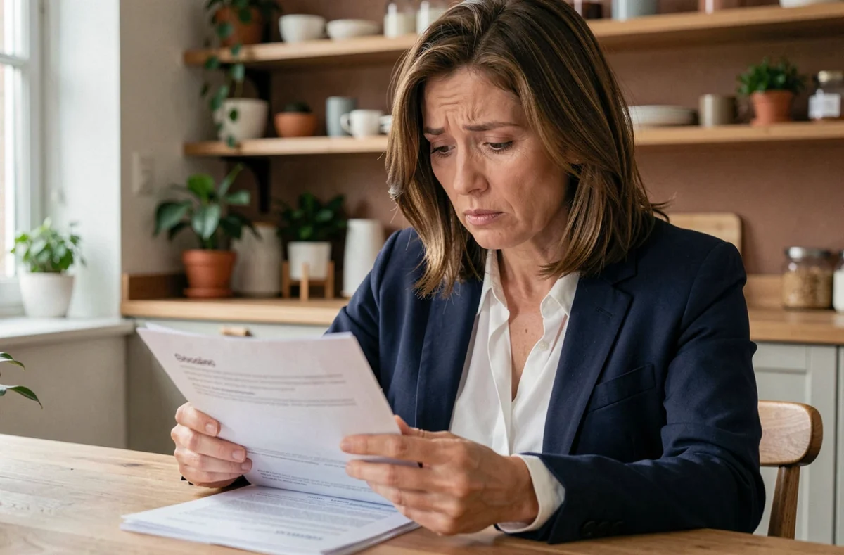 Femme consultant des documents d'assurance après un sinistre pour résilier son contrat Direct Assurance