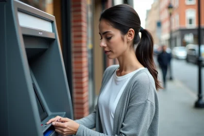 Femme retirant de l'argent liquide à un distributeur automatique après un virement PayPal vers sa banque