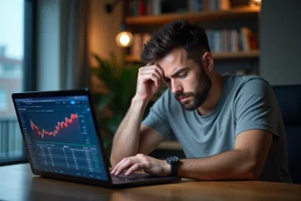 Homme frustré devant son ordinateur portable affichant une erreur de retrait sur Coinbase