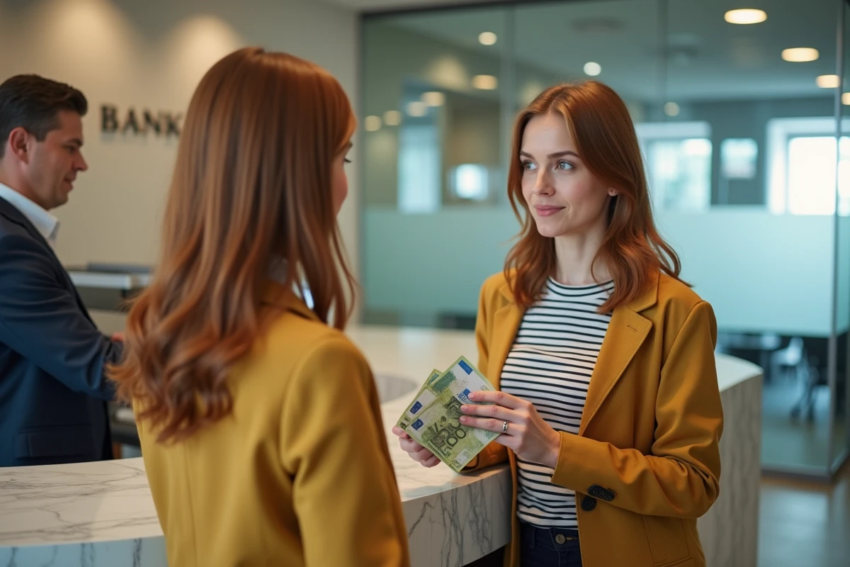 Jeune femme récupérant des espèces au guichet d'une banque suite à un retrait depuis son compte PayPal