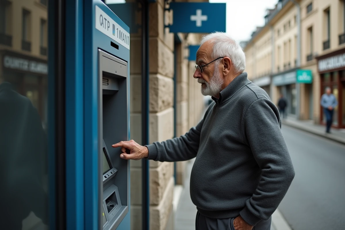 Homme retraité retirant de l'argent à un distributeur automatique avec une petite pension de retraite