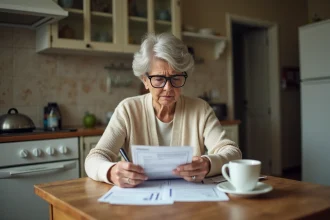 Retraitée âgée examinant ses documents de pension à la table de cuisine dans un appartement modeste