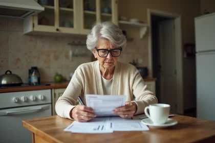 Retraitée âgée examinant ses documents de pension à la table de cuisine dans un appartement modeste