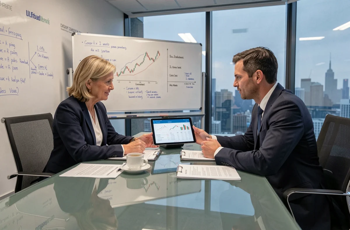 Deux professionnels analysant ensemble un tableau de bord de trésorerie d'entreprise sur tablette en salle de réunion