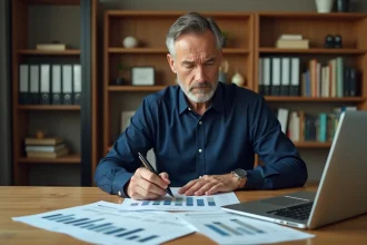 Homme consultant des documents de risques liés au Plan d'Épargne Retraite à son bureau