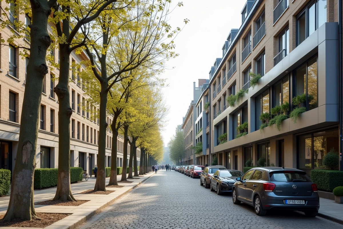 Rue européenne avec immeubles haussmanniens et façade moderne rénovée illustrant le marché immobilier urbain