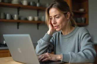 Femme utilisant GoFundMe sur son ordinateur portable dans sa cuisine, expression prudente face à une plateforme de collecte de fonds en ligne