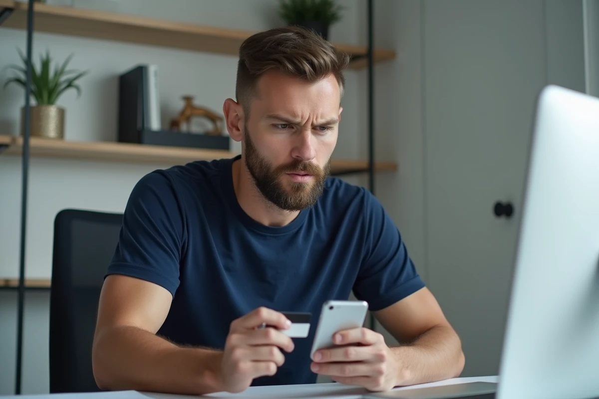 Homme tenant une carte bancaire et consultant son téléphone avant de faire un don sur GoFundMe, questionnant la sécurité des paiements en ligne