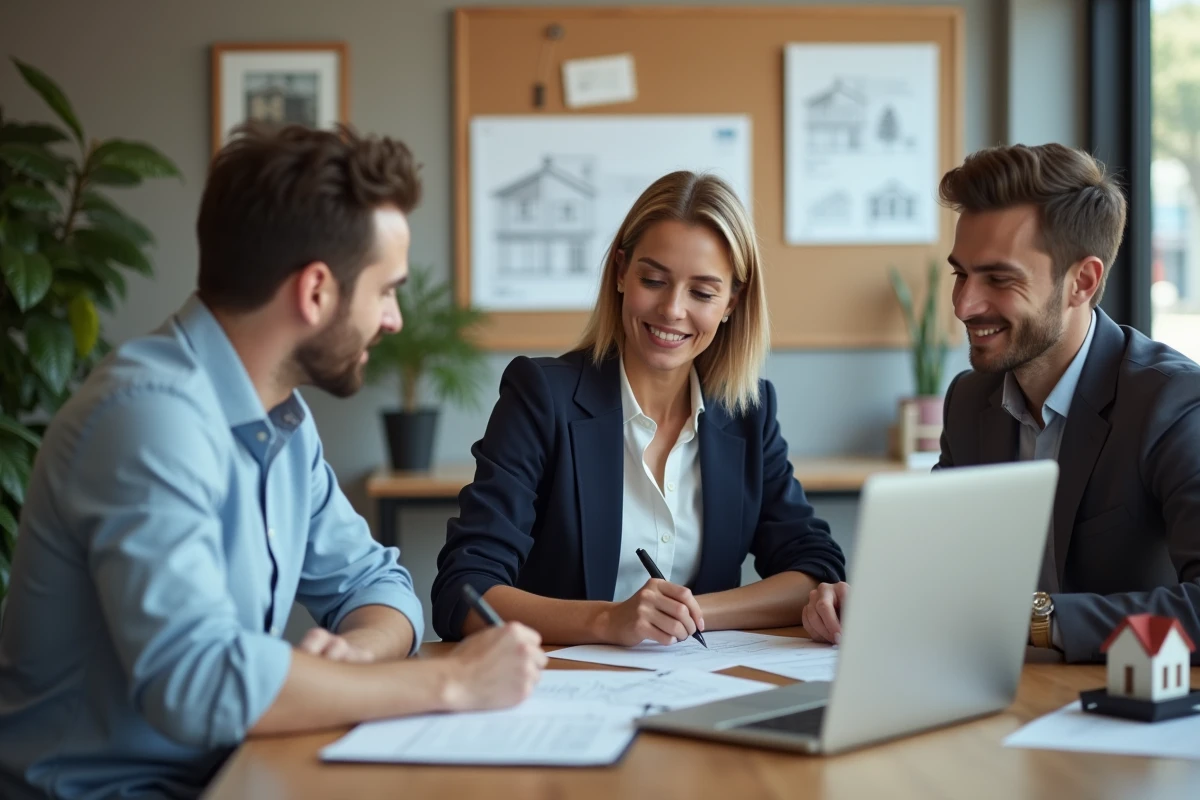 Agent immobilier et clients signant des documents lors d'une transaction immobilière dans une agence moderne