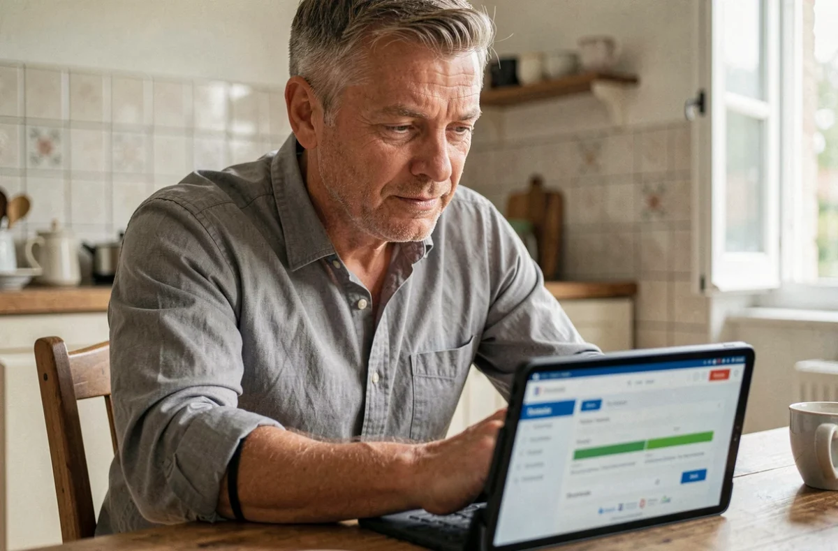 Un homme portant une attelle consulte un simulateur de rachat de rente accident du travail sur tablette dans sa cuisine