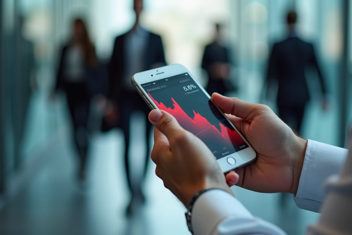 Gros plan sur un smartphone affichant une application boursière avec une courbe en forte baisse