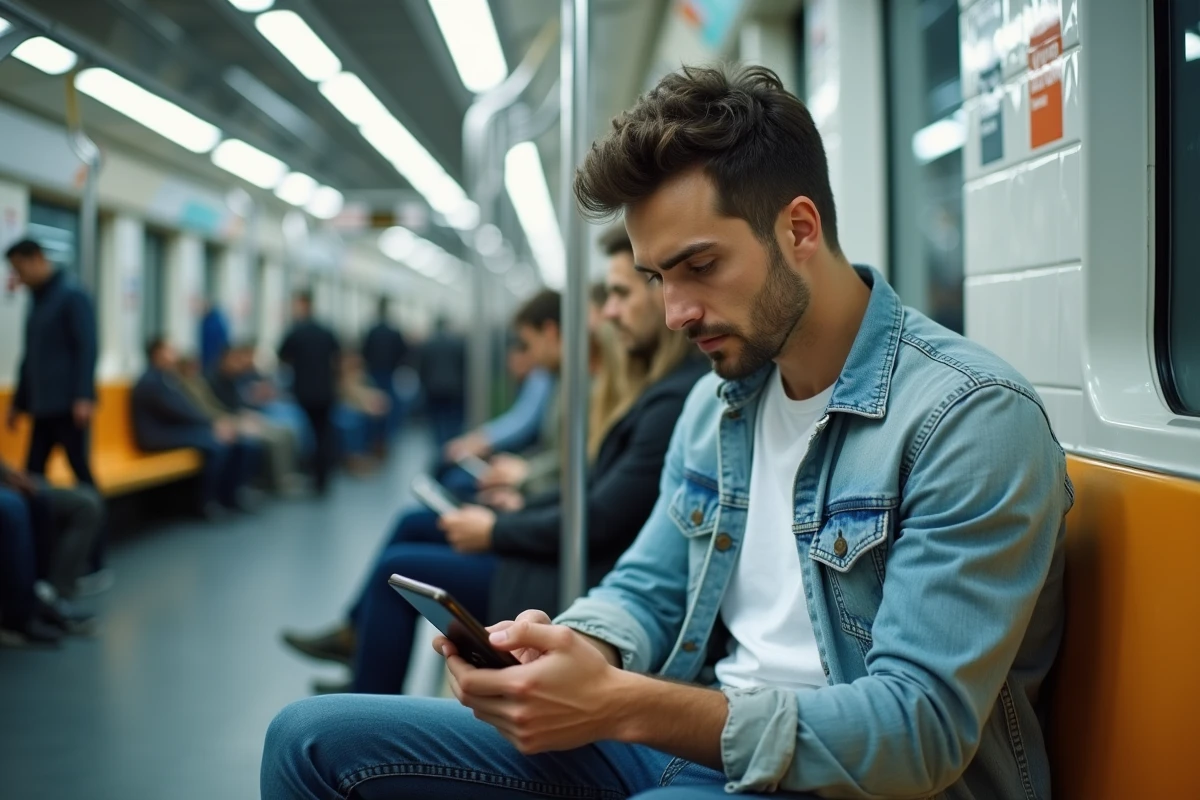 Jeune homme souscrivant à une carte de réduction en ligne via smartphone dans le métro
