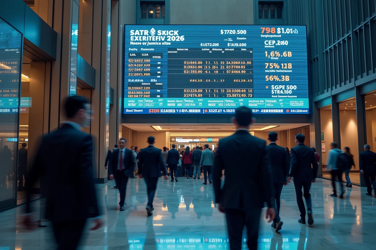 Tableau d'affichage boursier montrant les cours du S&P 500 dans le hall d'un immeuble financier du quartier d'affaires