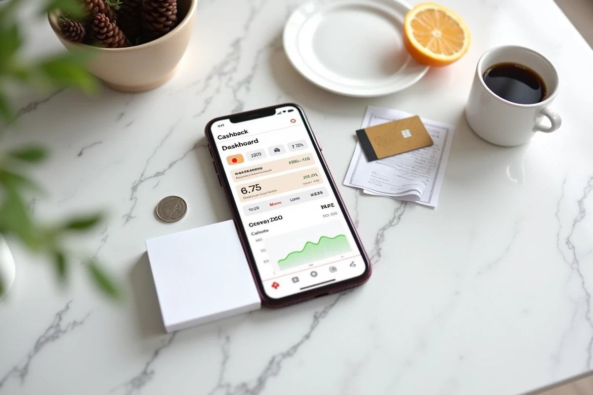 Vue de dessus d'un smartphone affichant un tableau de bord cashback avec une carte bancaire et des pièces en euros sur une table en marbre