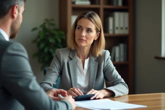 Une femme en blazer gris examine des documents d'indemnisation avec un conseiller dans un bureau professionnel