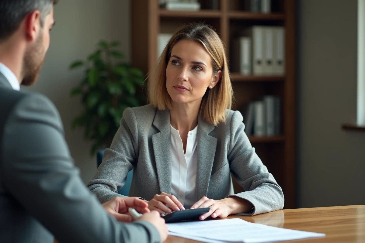 Une femme en blazer gris examine des documents d'indemnisation avec un conseiller dans un bureau professionnel