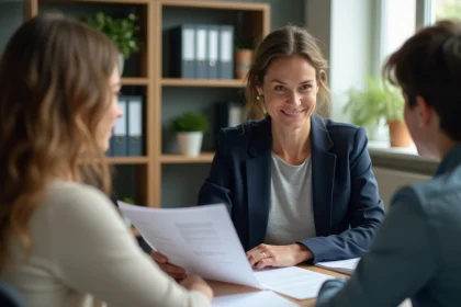 Travailleuse sociale expliquant le dispositif MIRAPI à une famille dans un bureau administratif