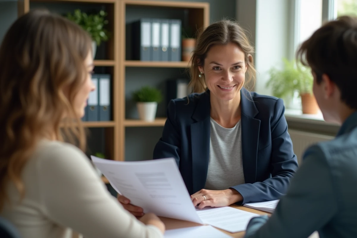 Travailleuse sociale expliquant le dispositif MIRAPI à une famille dans un bureau administratif