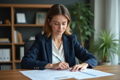 Femme professionnelle analysant trois lignes de crédit sur des documents financiers dans un bureau moderne